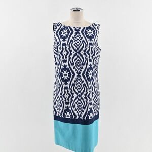 Anne Klein Womens Blue Ikat Dress Shift Size 12 Cotton Sleeveless Stretch Office